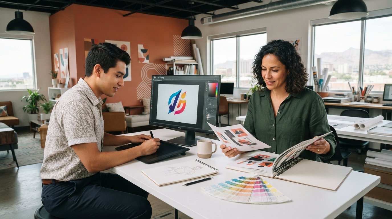 Young Hispanic male student adjusts a colorful logo on a large monitor while a female instructor reviews printed packaging…