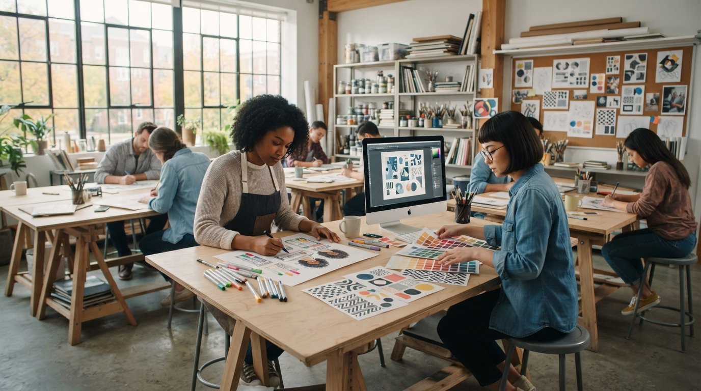 Adult students sketch ad layouts and arrange color swatches at drafting tables in a bright college art studio