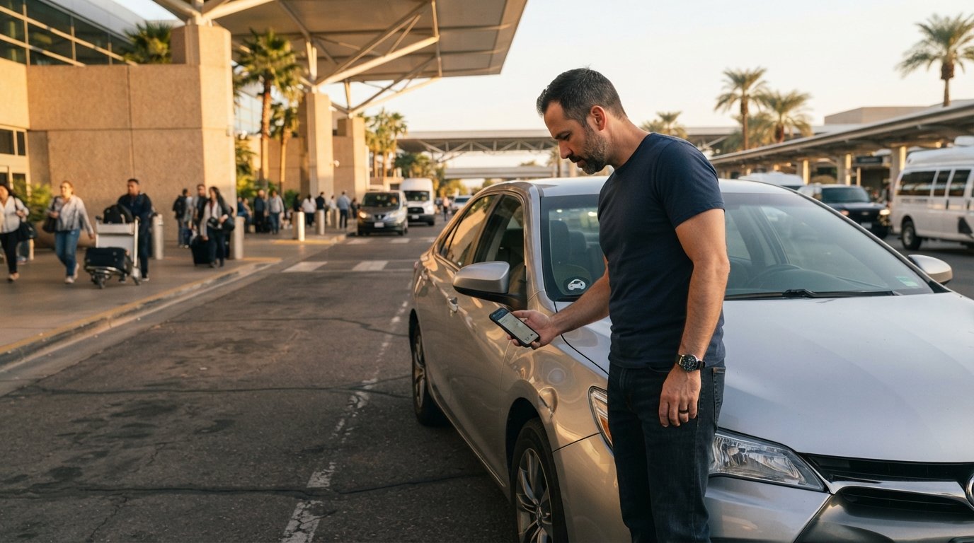 Rideshare driver holding a phone beside a silver sedan with a windshield decal, examining a dent on the front fender in an…