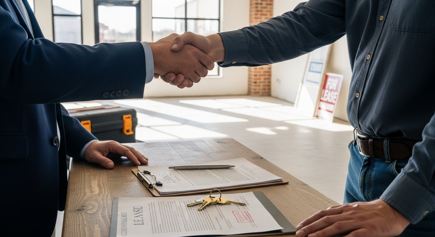 Landlord and business owner shaking hands over a clipboard with lease papers, keys, and a stamped certificate of insurance…