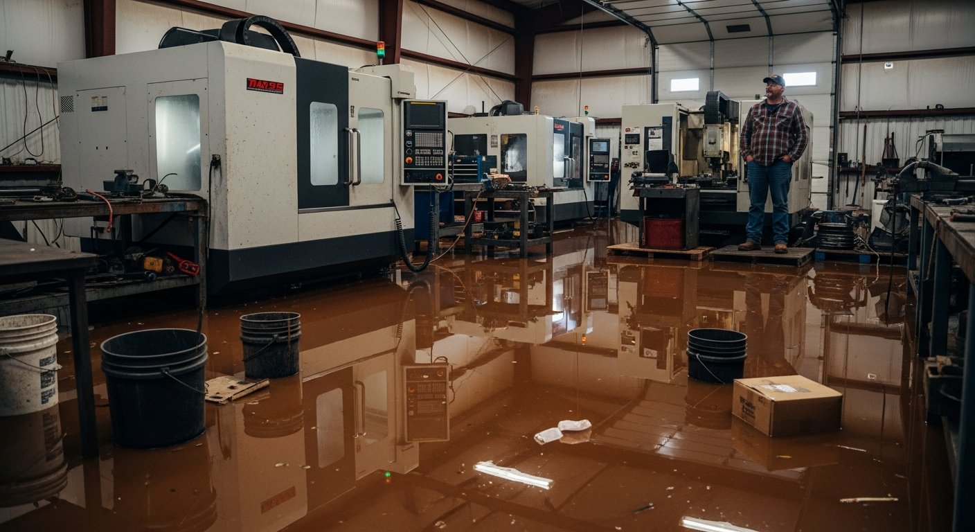 Interior of a small metal shop with waist-deep brown floodwater submerging idle CNC machines and workbenches, while the…