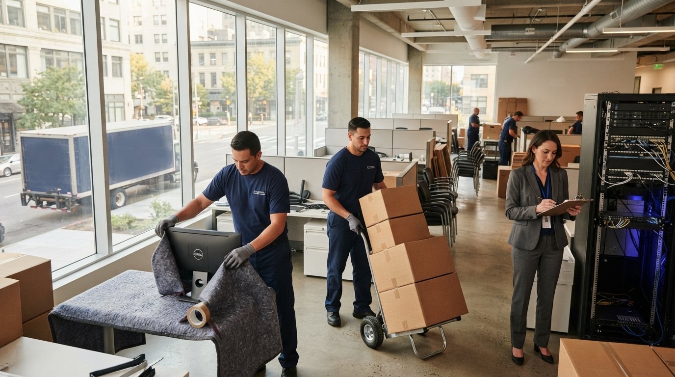 Movers in navy uniforms wrap computer monitors and stack labeled boxes on a hand truck in a modern office while a manager…