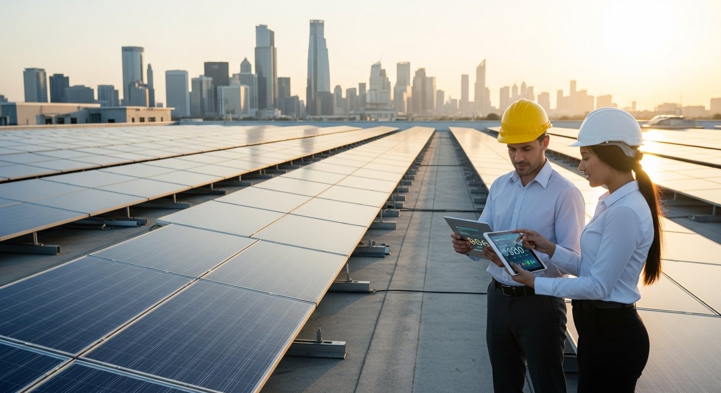 Two professionals in hard hats review a tablet on a rooftop solar panel array, with a city skyline in the background at…
