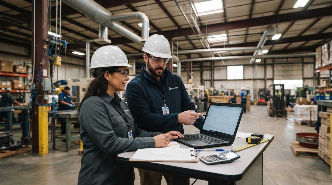 Two people in hard hats review a laptop load profile, clipboard, and calculator at a standing desk in a warehouse with…