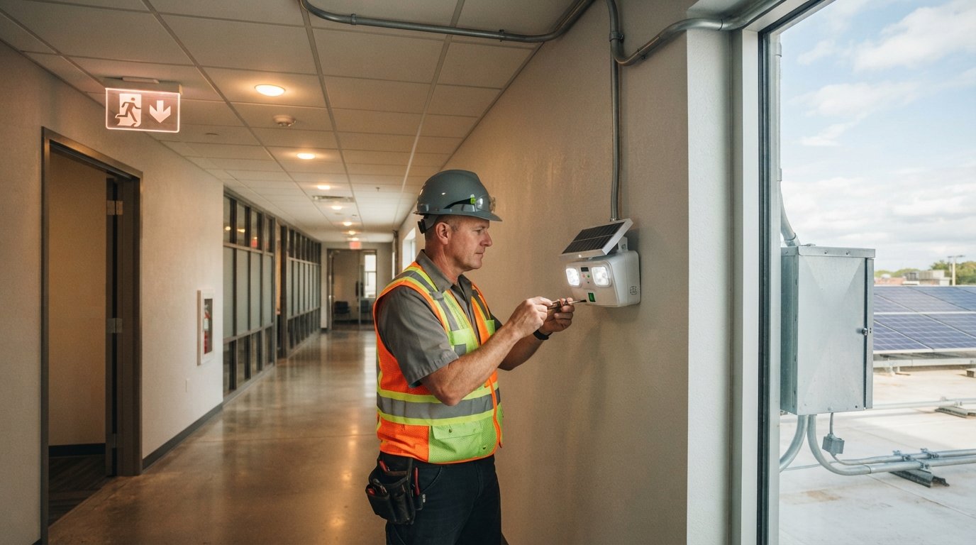 Facility manager in hard hat and safety vest inspects a wall-mounted solar emergency light in a commercial corridor, with…