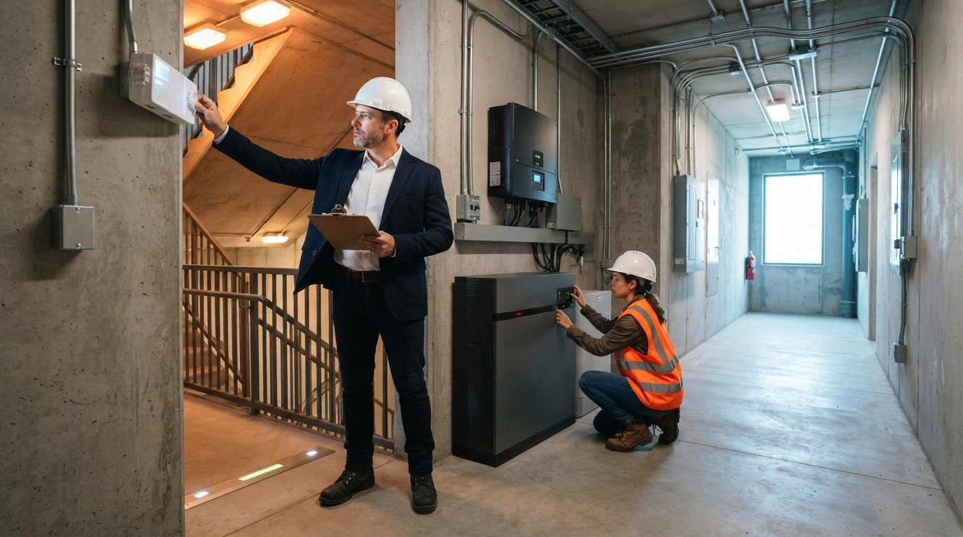 Facility manager in hard hat inspects a wall-mounted emergency light while a technician checks a lithium battery cabinet…