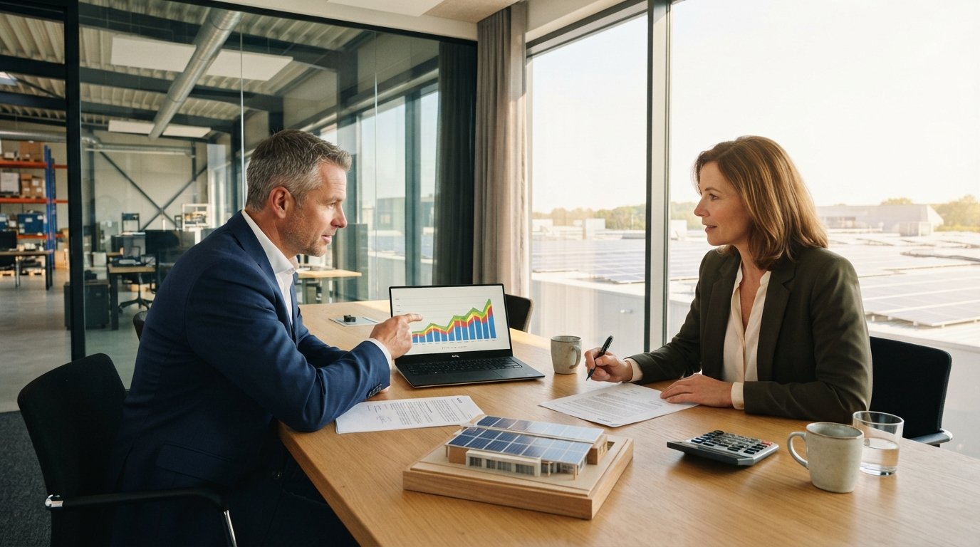 Two business professionals review solar financing documents and financial charts at a conference table with a solar array…