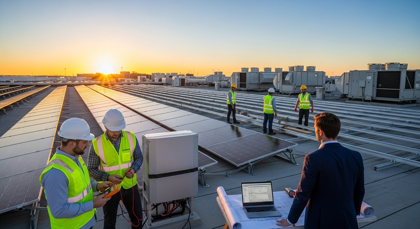 Two engineers in safety gear inspect an inverter on a warehouse rooftop lined with solar panels, while a business owner…