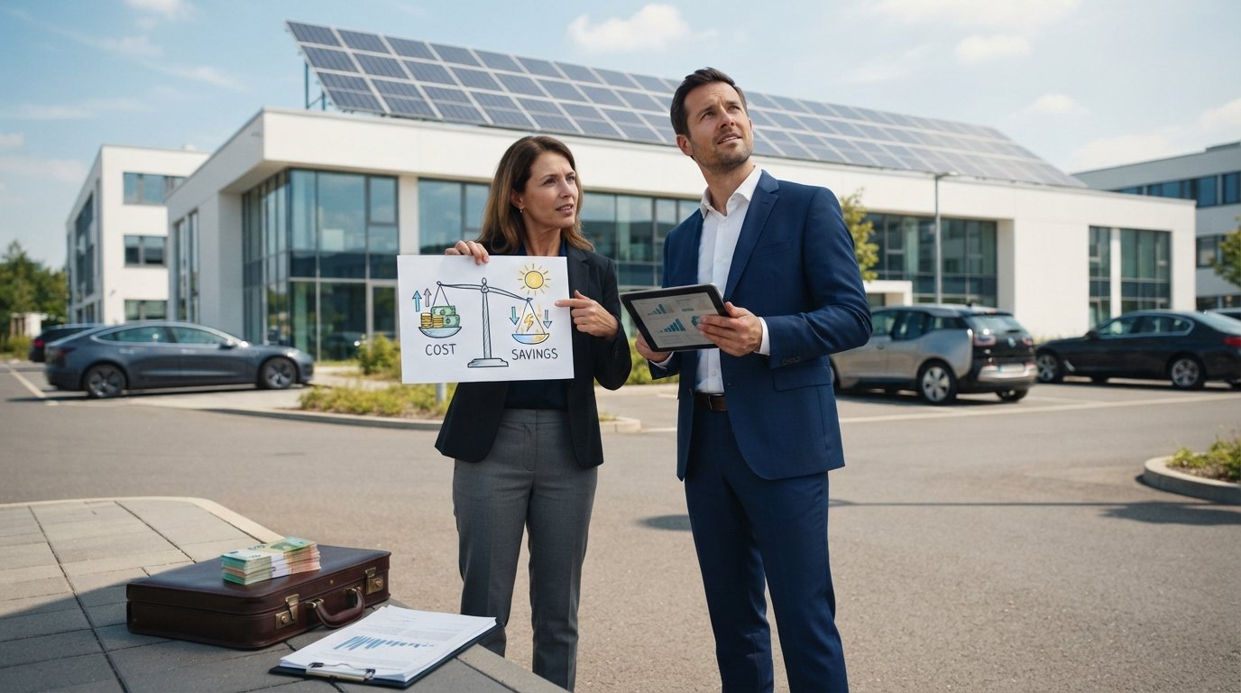 Business owner in navy suit holding tablet looks up at rooftop solar panels as advisor points to a printed chart with a…