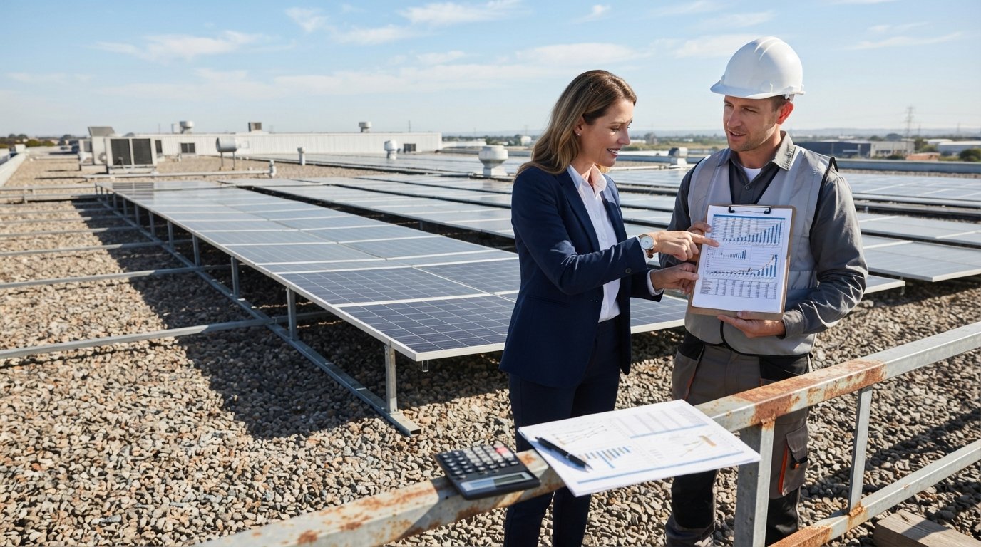 Business owner in navy blazer points to financial chart while colleague in hard hat stands beside solar panels on…