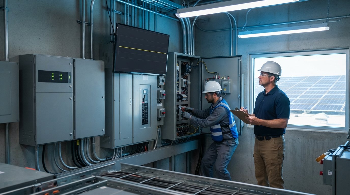 Facilities manager with clipboard and technician in safety gear beside a wall-mounted battery cabinet and energy monitor…