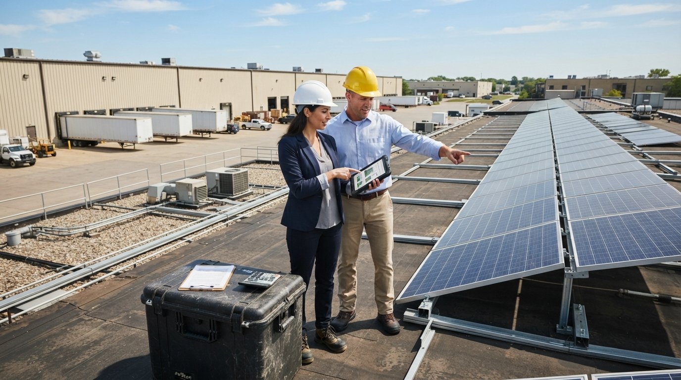 Two professionals in hard hats examine a tablet on a commercial rooftop beside solar panels, with a warehouse and loading…