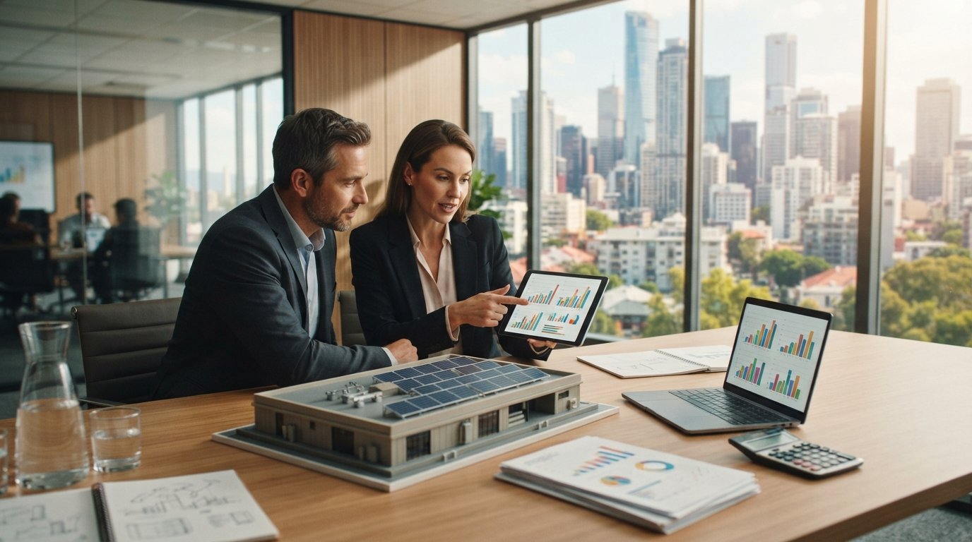 Two business professionals review solar financing charts on a tablet in a conference room with a rooftop solar model and…