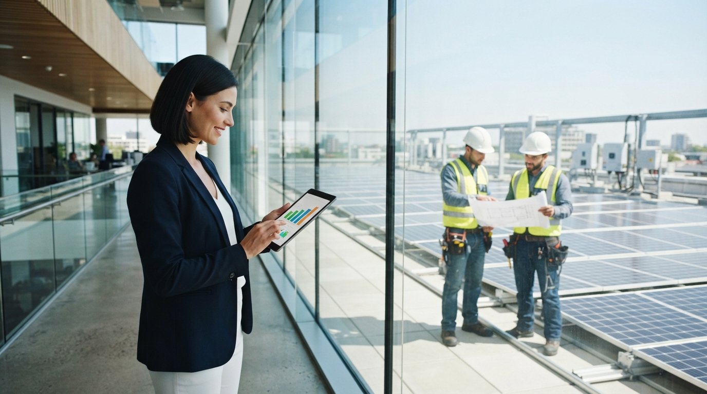 Businesswoman in navy blazer checks a tablet with a bar chart as two solar technicians review blueprints in a bright office…