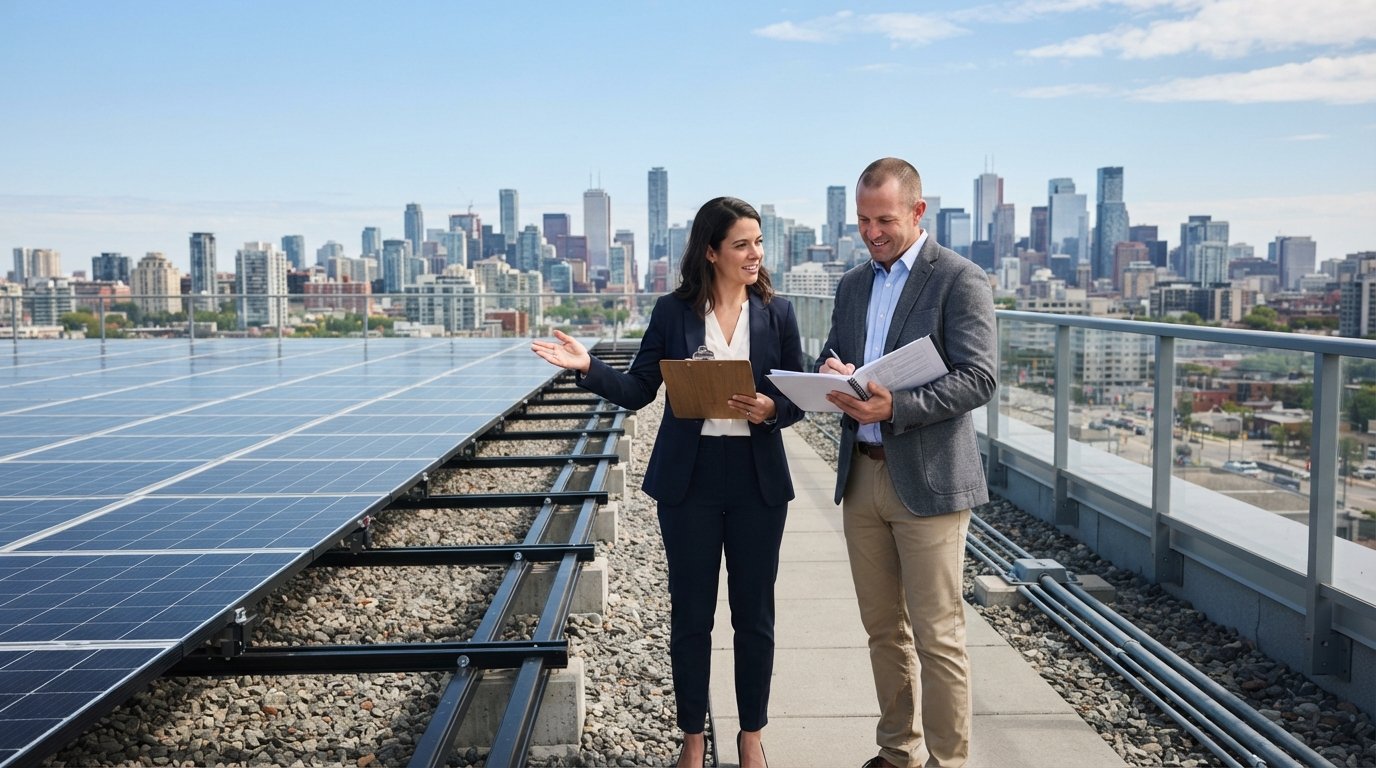 Two business professionals on a flat commercial rooftop examine newly installed solar panels, one holding a clipboard and…