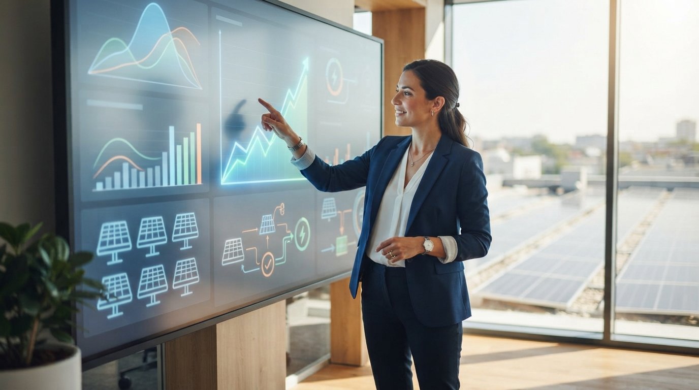Professional woman in business suit pointing at a glowing graph on a wall-mounted digital dashboard showing rising energy…