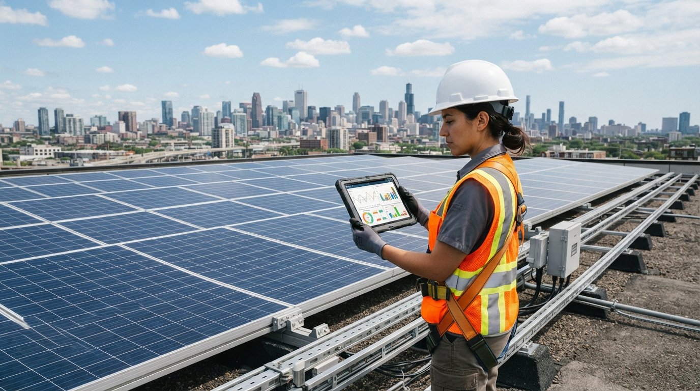 Solar technician in hard hat and safety vest holds a tablet with performance graphs beside rooftop solar panels, city…