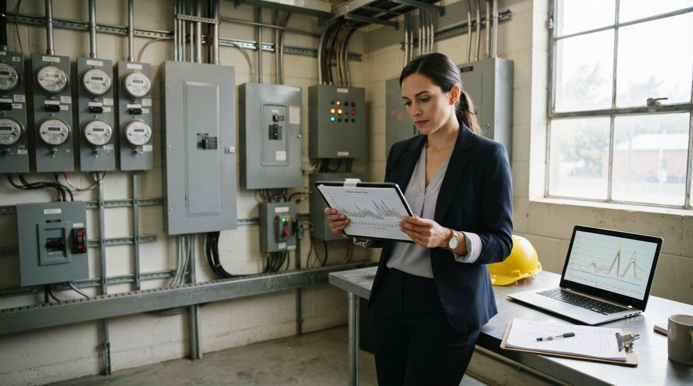 Energy manager in business casual attire reviewing a load profile graph on a tablet in an electrical control room with…