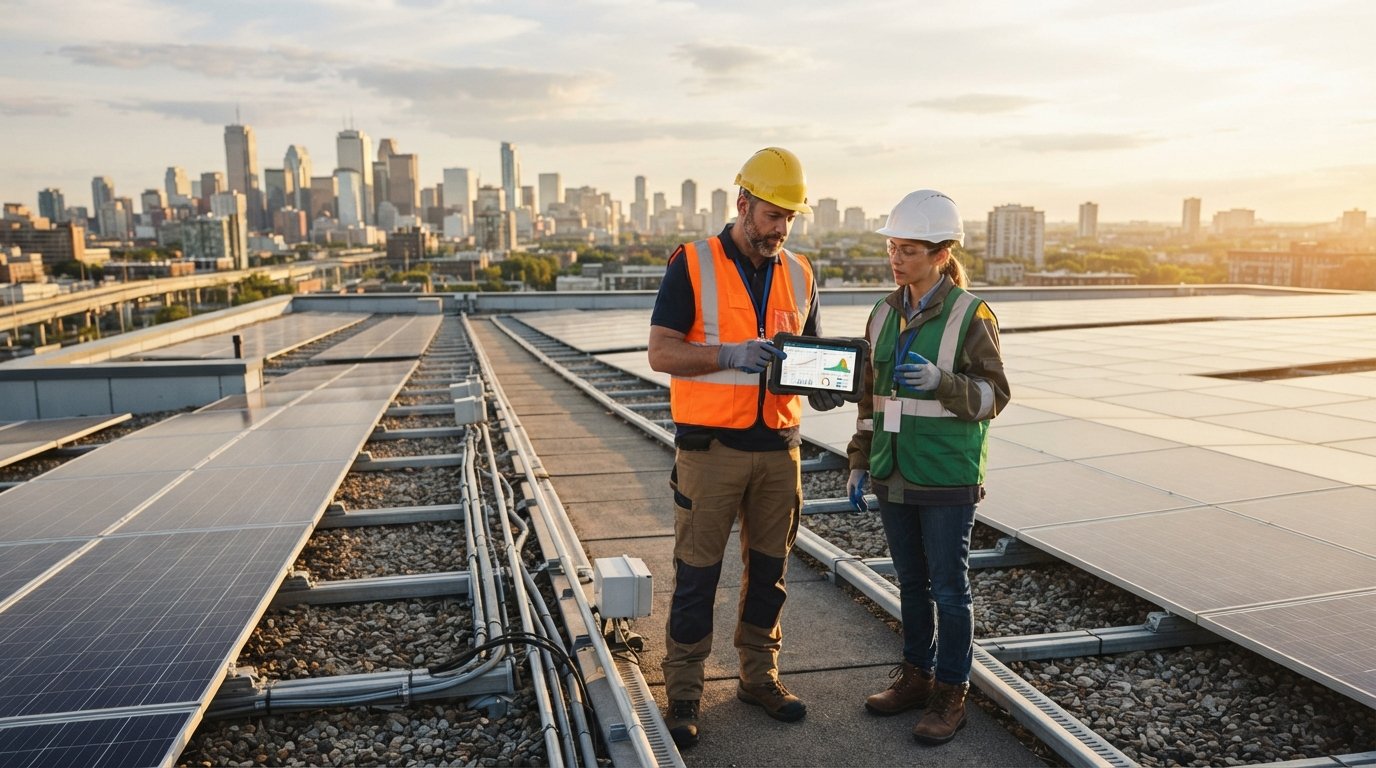 Two professionals in hard hats and safety vests review a tablet beside a large rooftop solar array, with a city skyline…