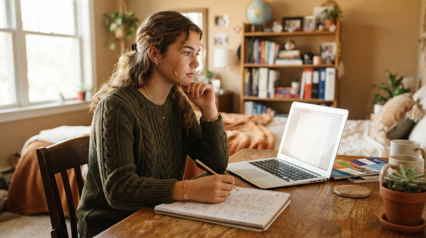 Thoughtful high school senior with chin on hand at a wooden desk, laptop showing a blank document, notebook, pencil, and…