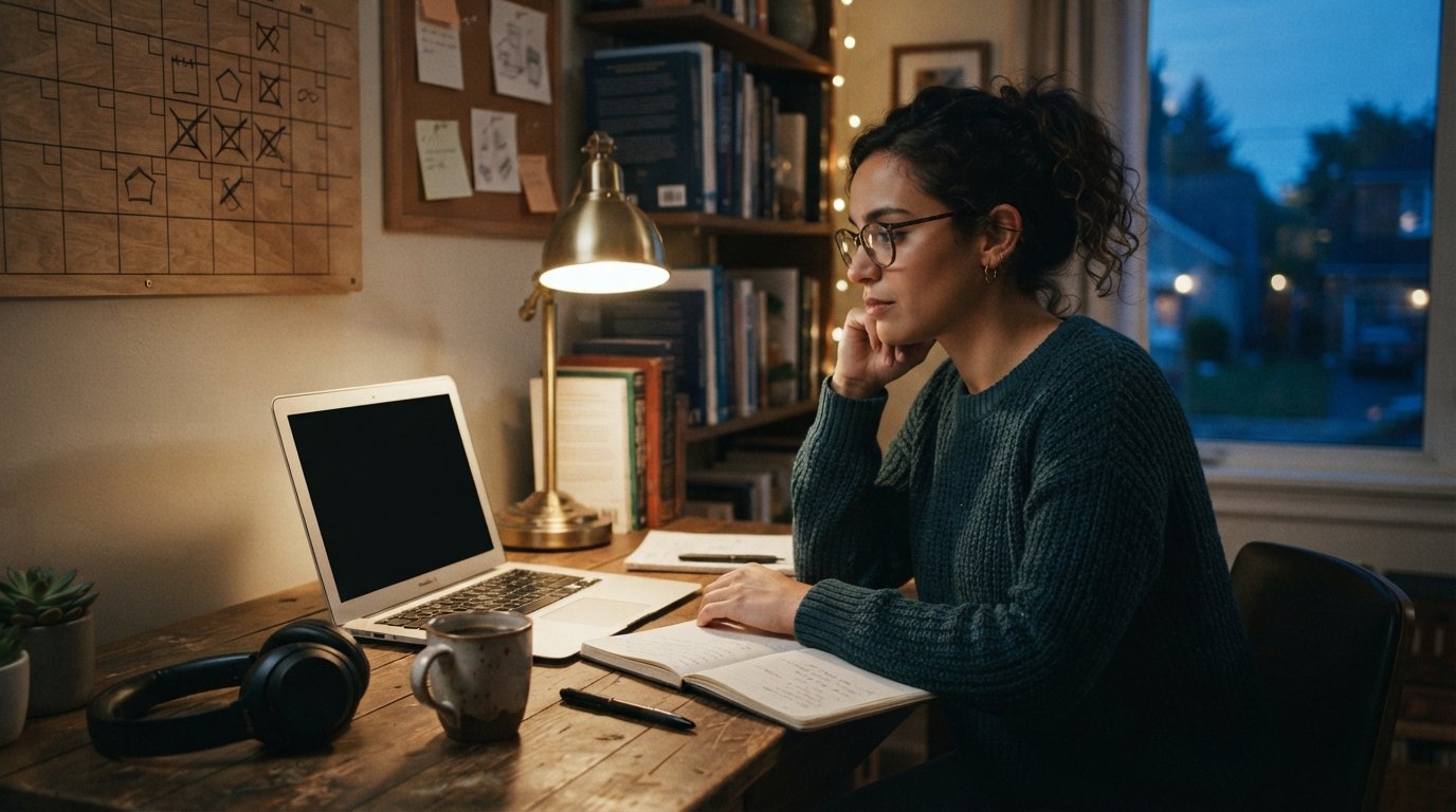 Adult student in glasses and a sweater sits at a wooden desk with a laptop, coffee mug, notebooks, headphones, and a wall…
