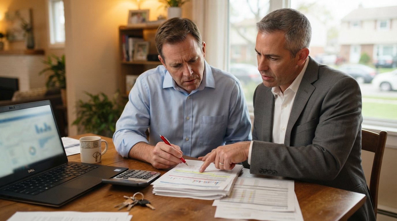 Middle-aged homeowner in a blue shirt and a lender in a gray suit review a paper credit report with a red pen at a dining…