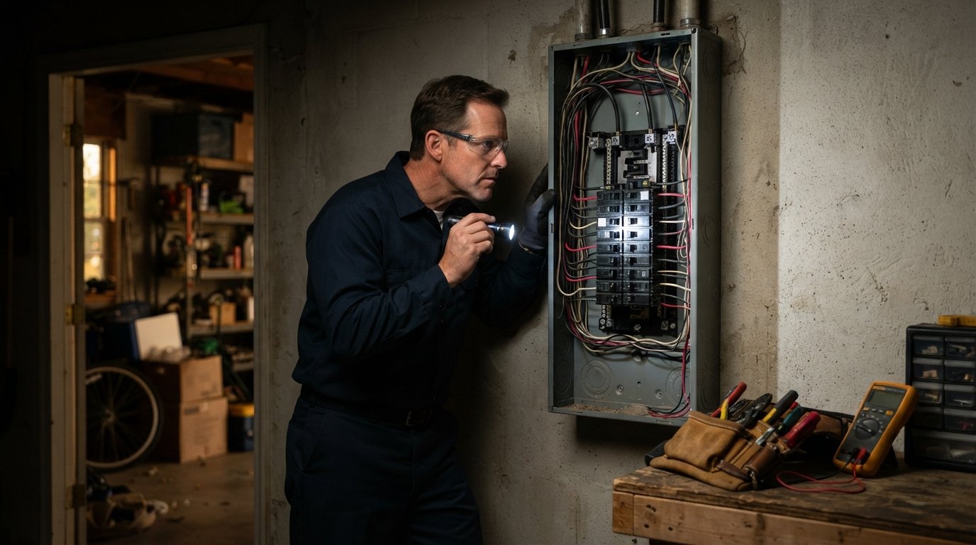 Electrician in navy uniform and safety glasses uses a flashlight to inspect circuit breakers and wiring inside a…