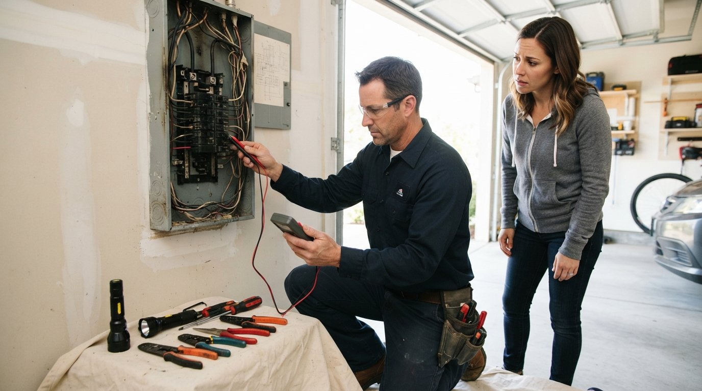 Electrician in navy shirt and safety glasses tests a breaker with a multimeter in an open garage panel as a homeowner watches