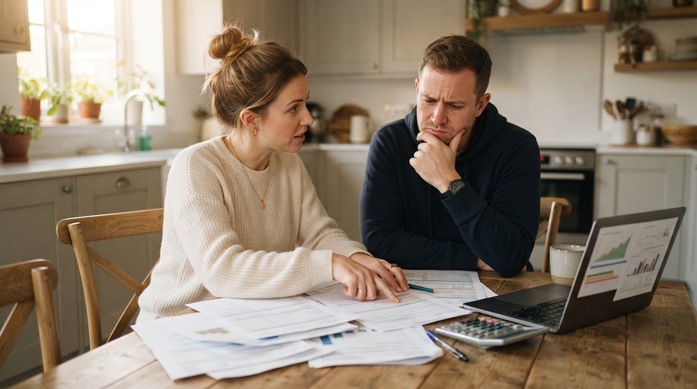 Couple in their thirties at a kitchen table with mortgage paperwork, a laptop showing charts, and a calculator, the woman…