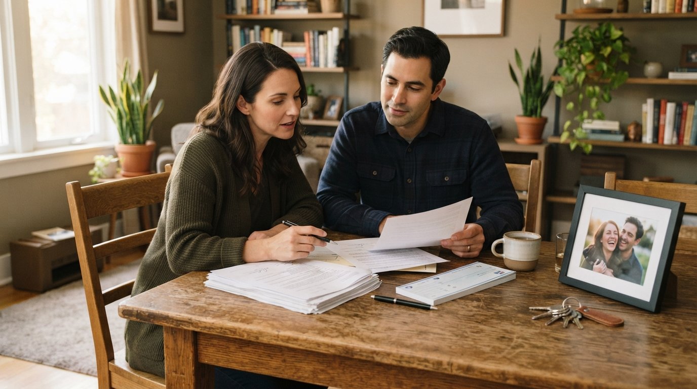 Couple in their late 30s reviewing legal documents and a checkbook at a sunlit wooden kitchen table with house keys nearby