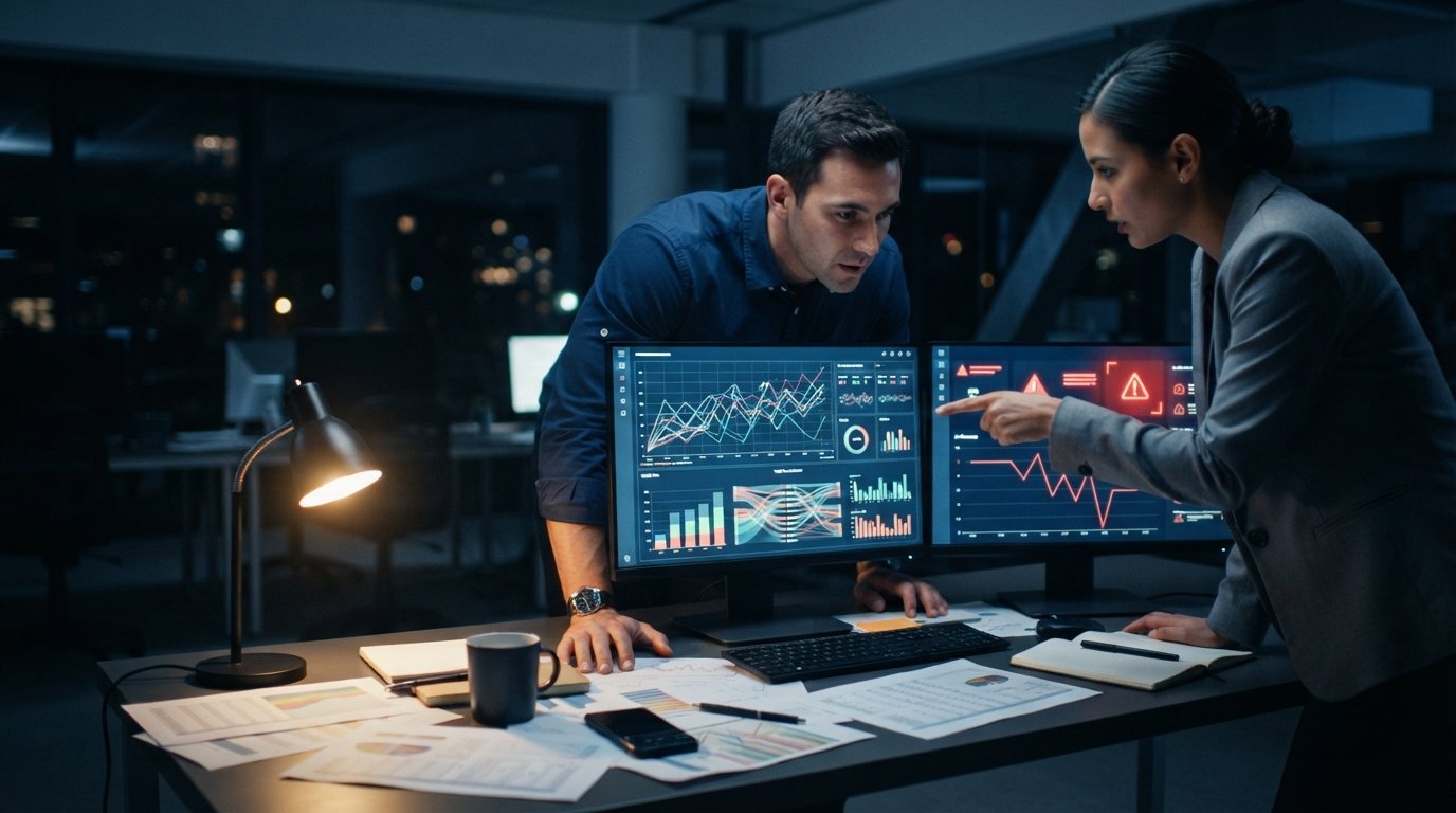 Two analysts in a dim office examine monitors showing line graphs, traffic dashboards, and a red warning indicator beside…