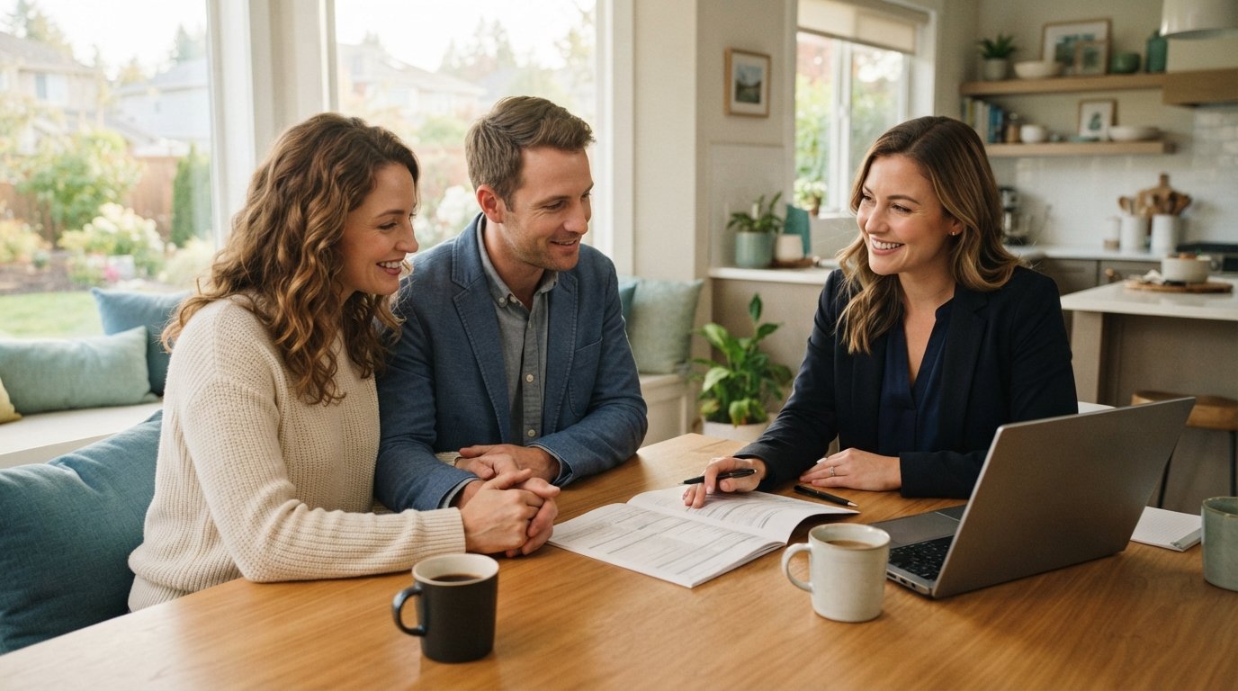 Couple in their thirties reviewing a life insurance policy with an agent at a bright kitchen table, laptop and coffee mugs…