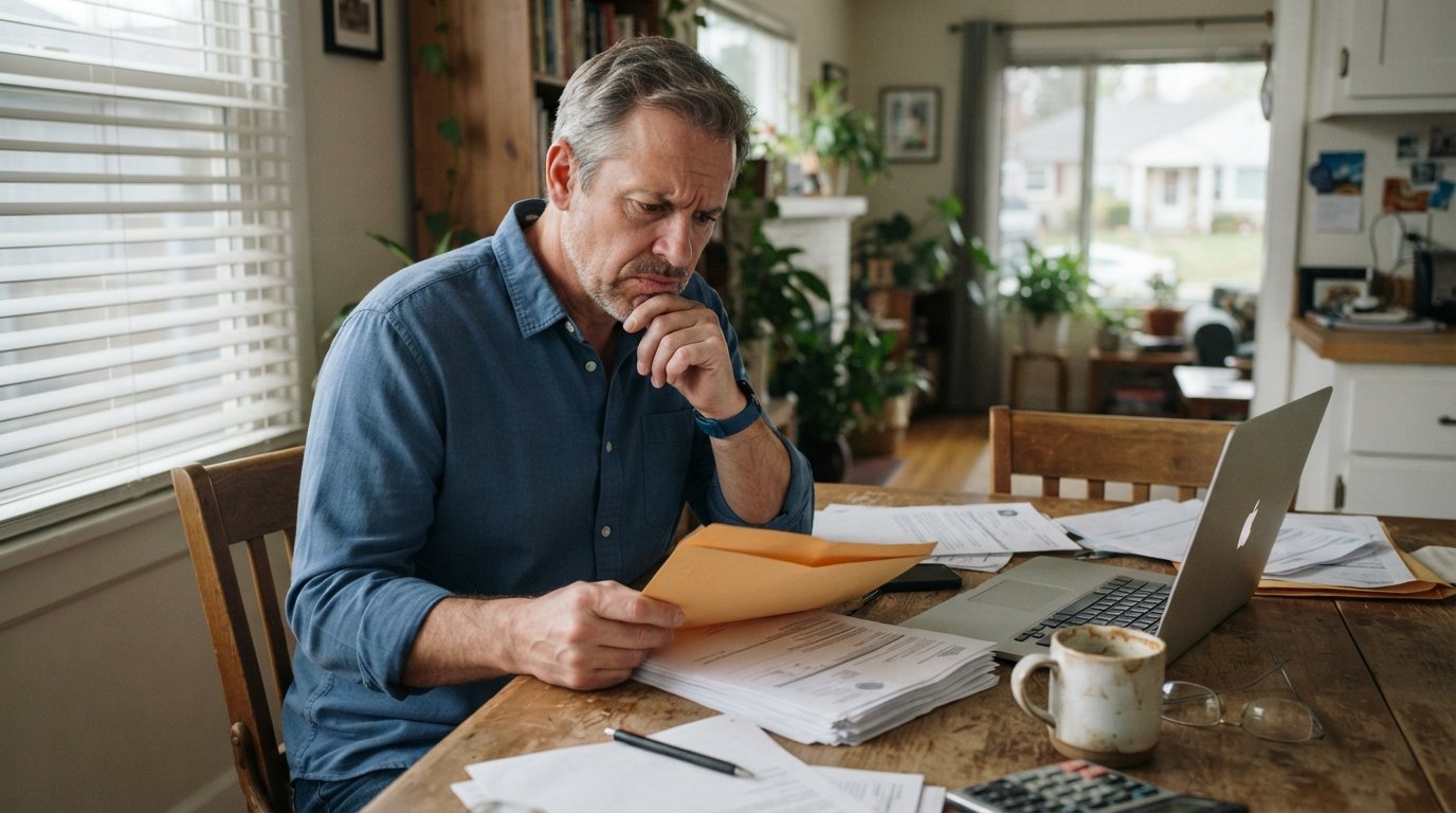 Worried middle-aged man in a blue shirt looking at an open envelope and paperwork at a wooden table beside a laptop, mug,…