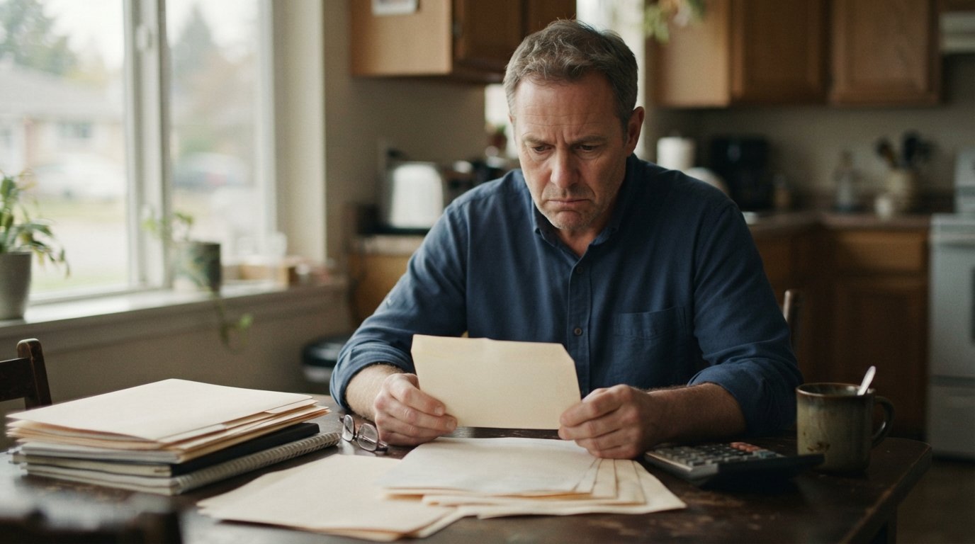 Middle-aged man in a button-down shirt staring down at an open envelope at a kitchen table covered with medical folders, a…