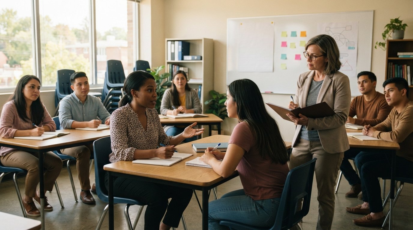 Adult students in casual professional attire practice a counseling role-play in a bright classroom, one gesturing while…