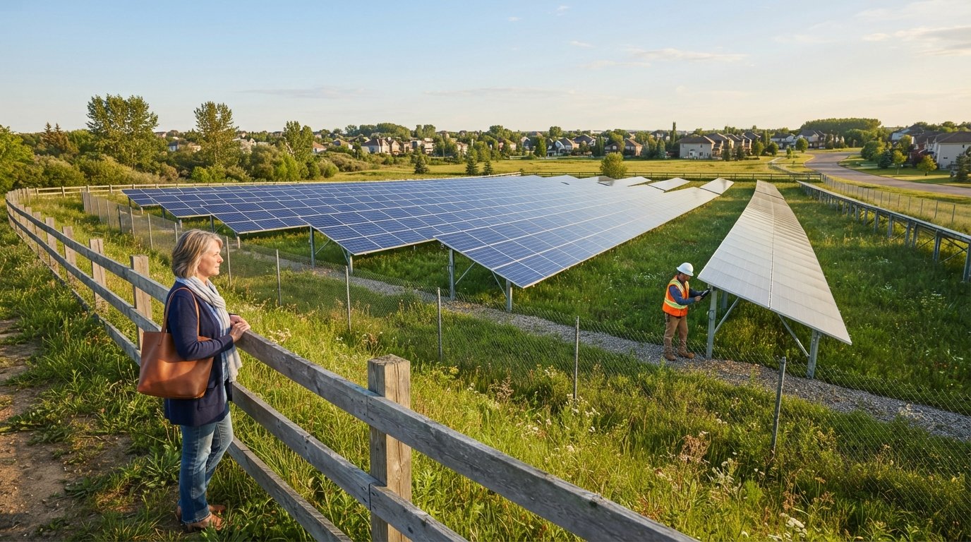 Woman at a wooden fence watching a utility worker inspect rows of blue solar panels in a sunlit field, with houses in the…