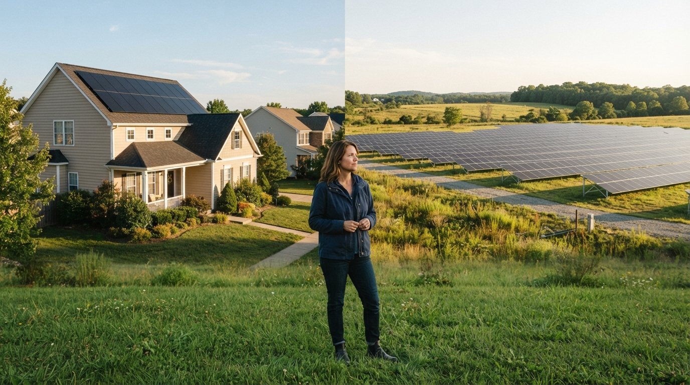 Split view of a suburban home with black rooftop solar panels and a field of ground-mounted community solar arrays, with a…