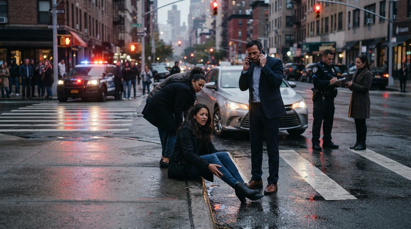 Woman sitting on curb holding her leg after traffic incident as driver calls for help and officer interviews witness nearby