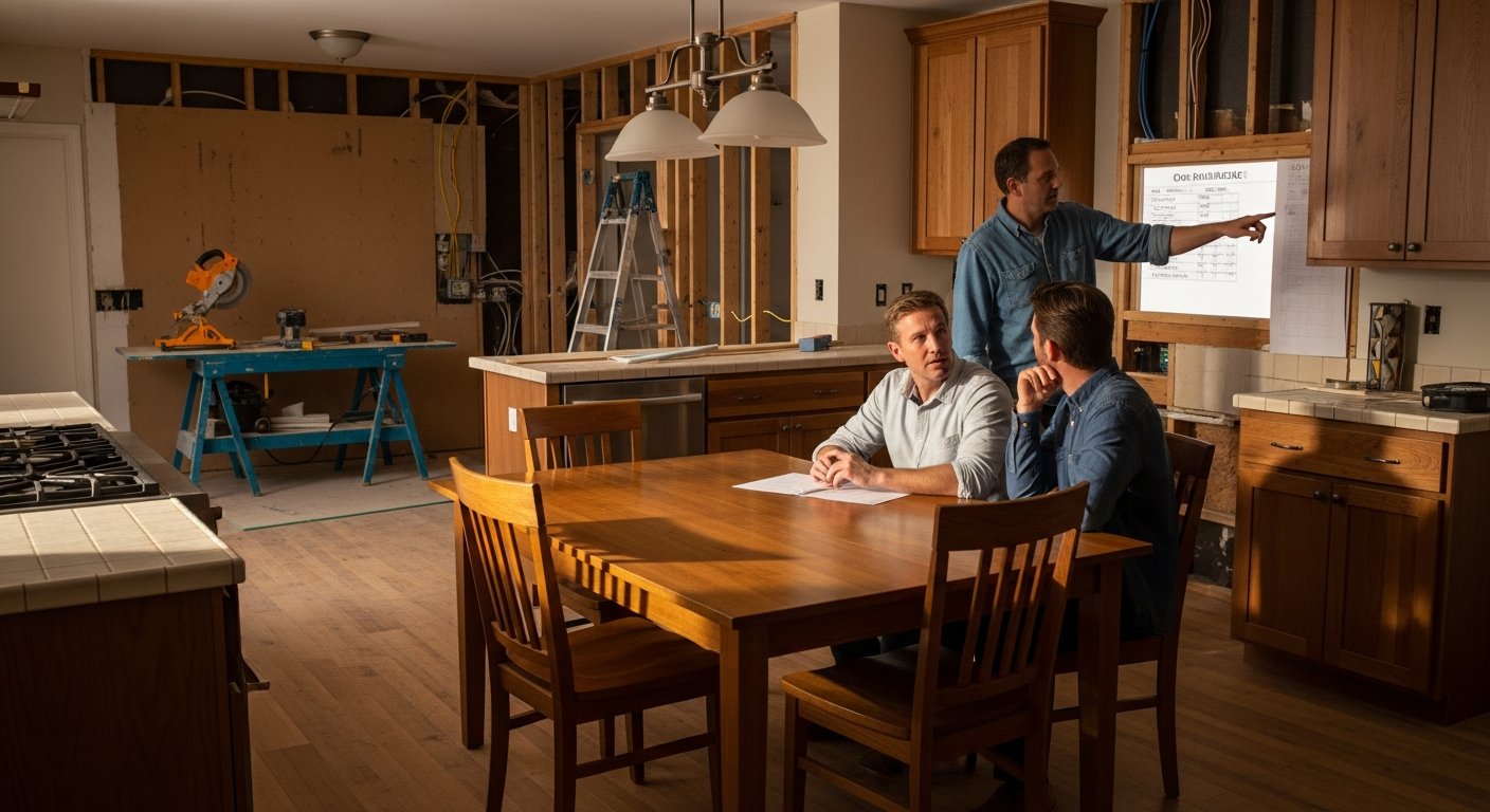 A homeowner and a contractor review three written bids at a sunlit kitchen table, with a calculator and pen beside the…
