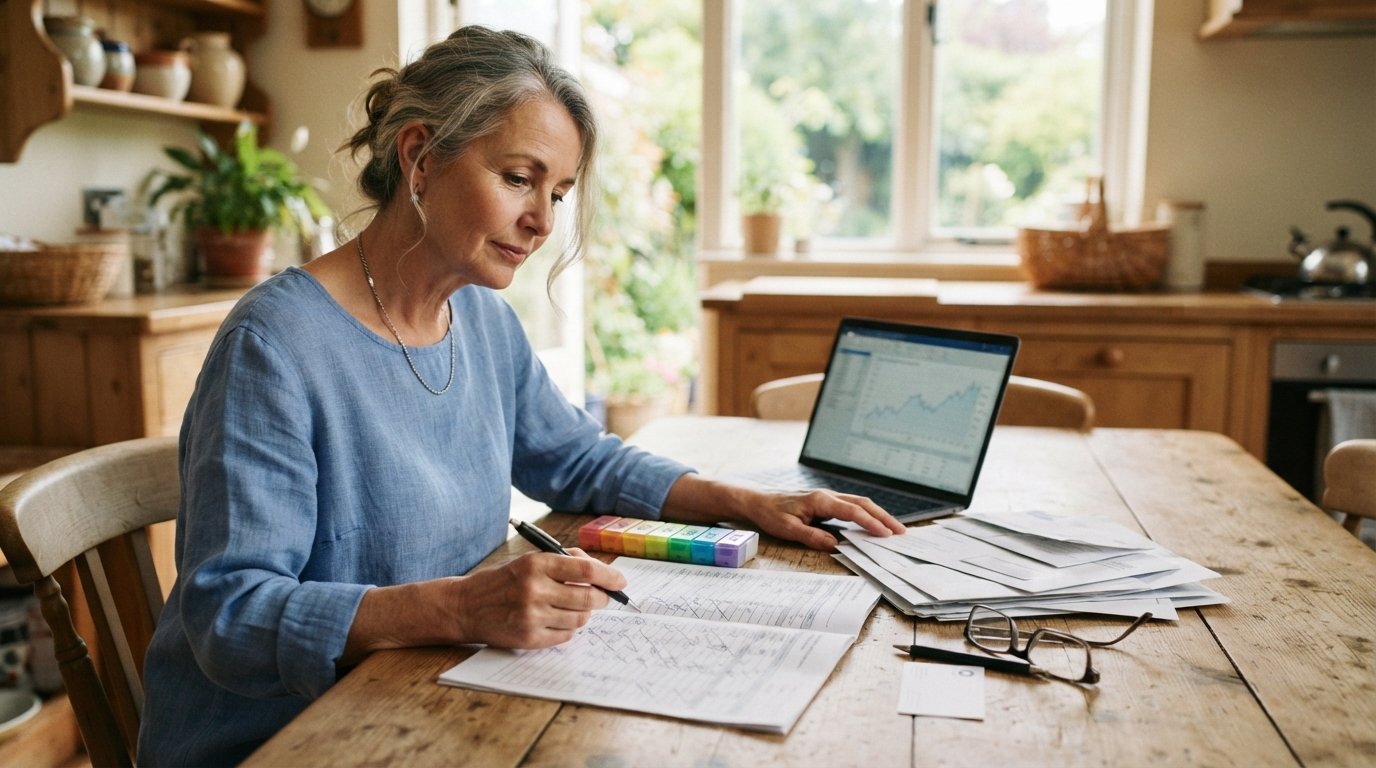 Woman in her early 60s at a sunlit kitchen table comparing prescription drug plan documents on a laptop with a pill…