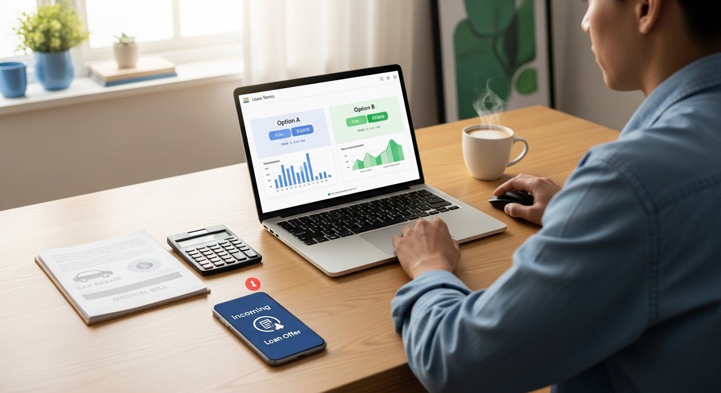 Person comparing online lender loan terms on a laptop while a smartphone shows a loan offer notification