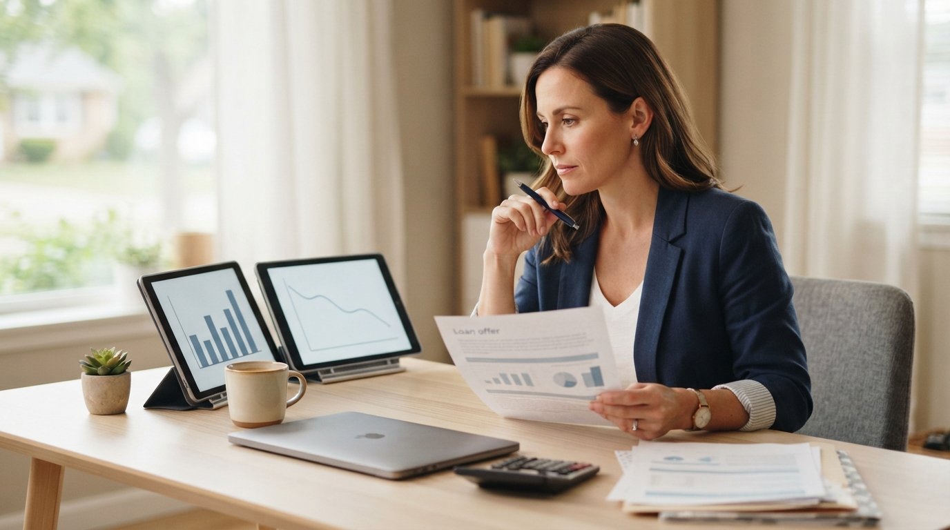 Woman comparing loan interest rate charts and repayment terms on two tablets at a home office desk