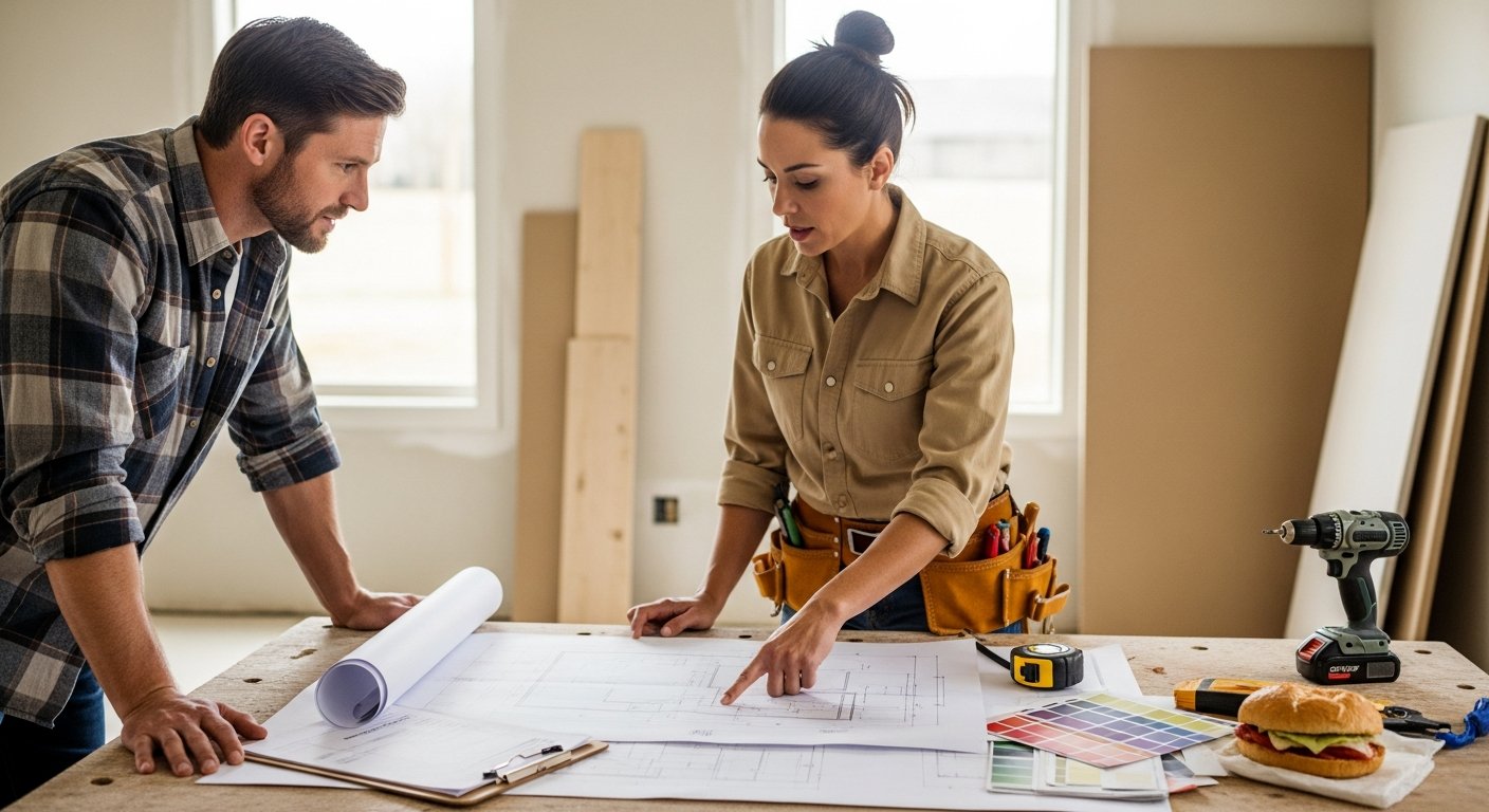 A homeowner and a contractor in a sunlit kitchen review blueprints and a clipboard on a worktable, with measuring tape and…