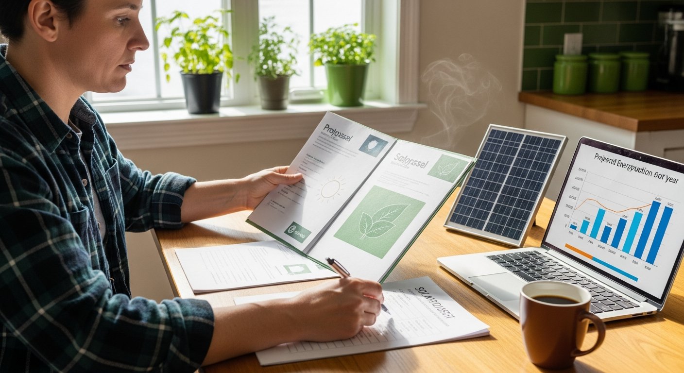 Person in plaid shirt comparing two solar panel quotes side-by-side at a sunlit table with a pen and checklist