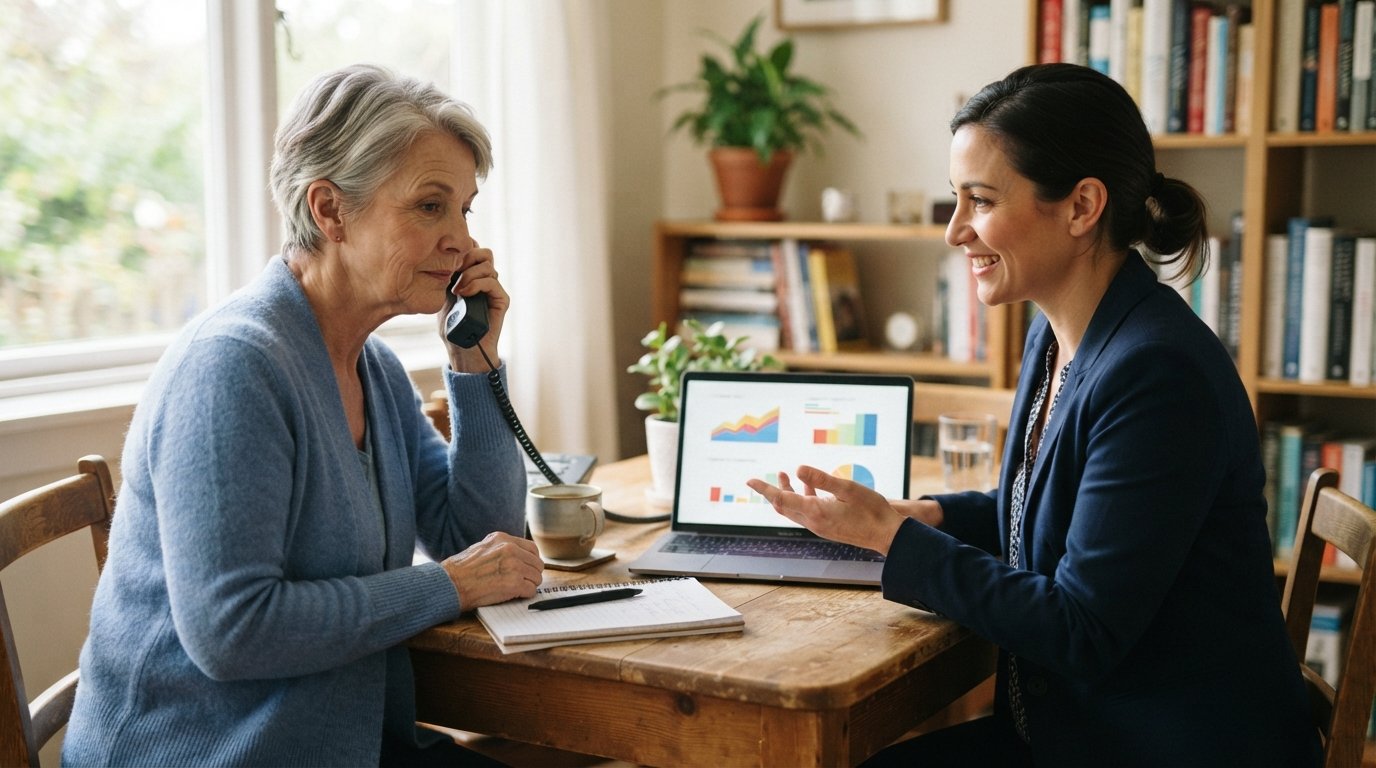 Senior woman in blue cardigan holds a landline phone at a wooden table while an insurance agent in a navy blazer points to…