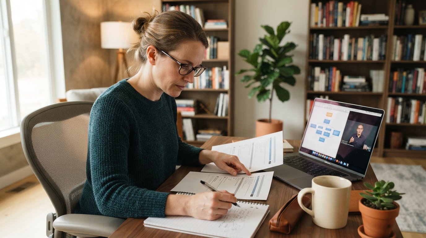 Woman in her late 30s at a home desk comparing two printed course syllabi beside a laptop showing a curriculum flowchart…