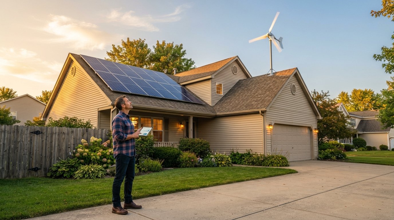 Split view of a suburban home with solar panels on the left roof and a small wind turbine on the right, homeowner in…