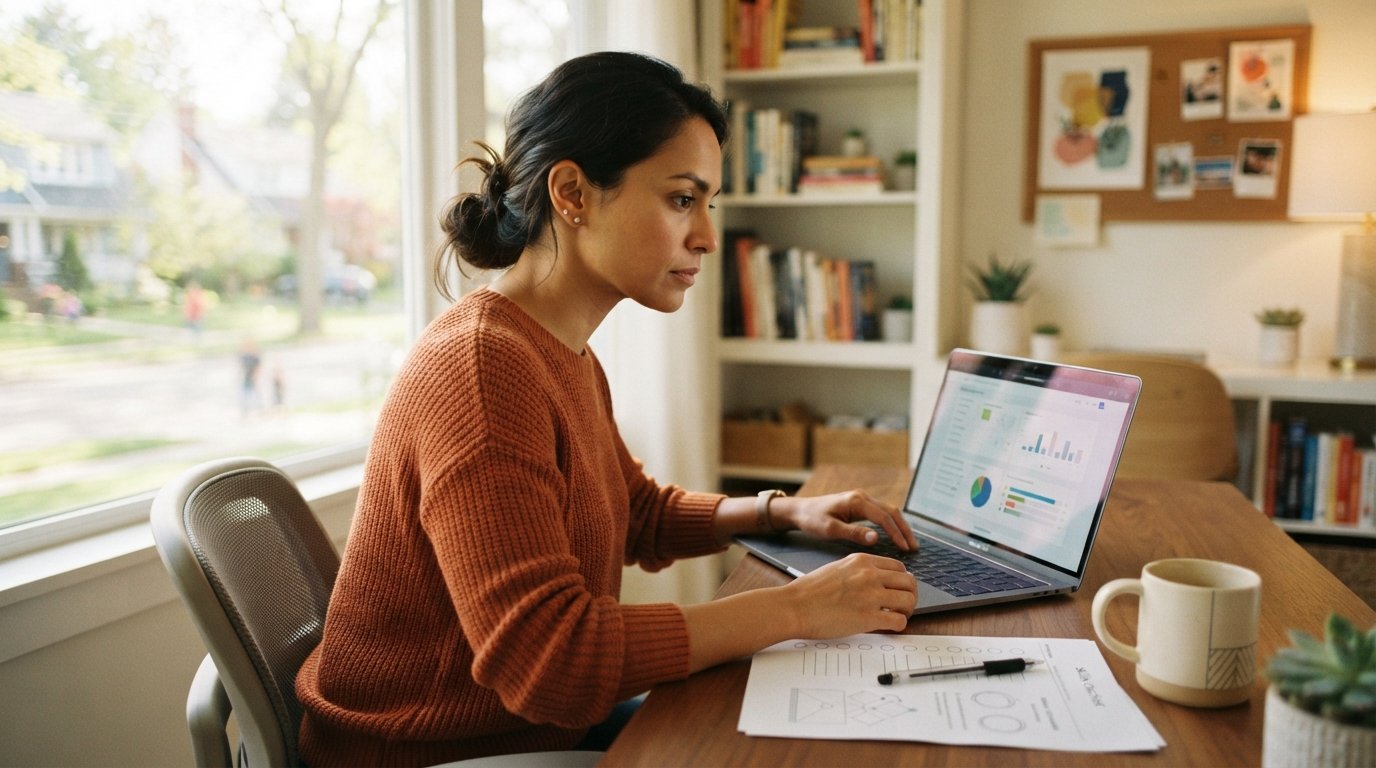 Adult learner in casual business attire reviews a digital competency assessment on a laptop at a home desk with a printed…