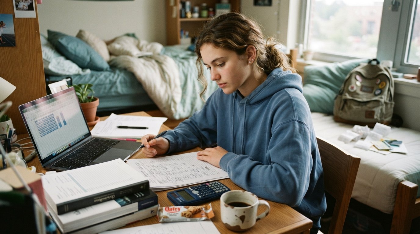 A college student in a hoodie reviews a printed budget worksheet at a dorm desk cluttered with textbooks, a laptop showing…