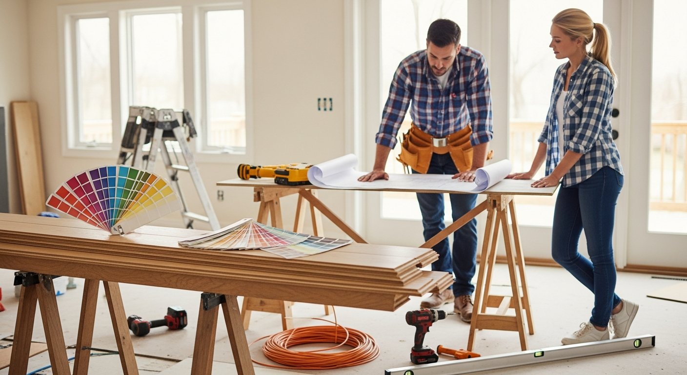 Contractor in plaid shirt and tool belt reviews blueprints with homeowner at a worktable in a bright, mid-renovation room…